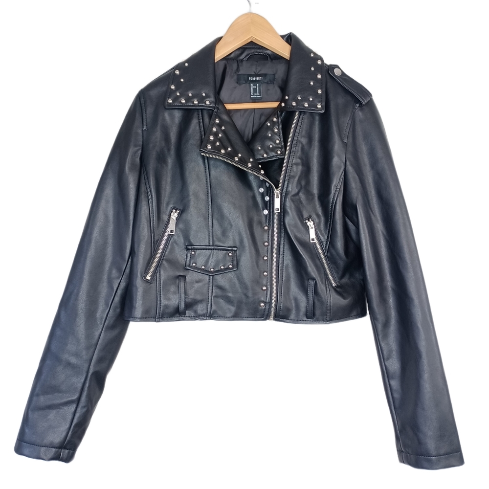 Forever 21 Black Studded Faux Leather Moto Jacket